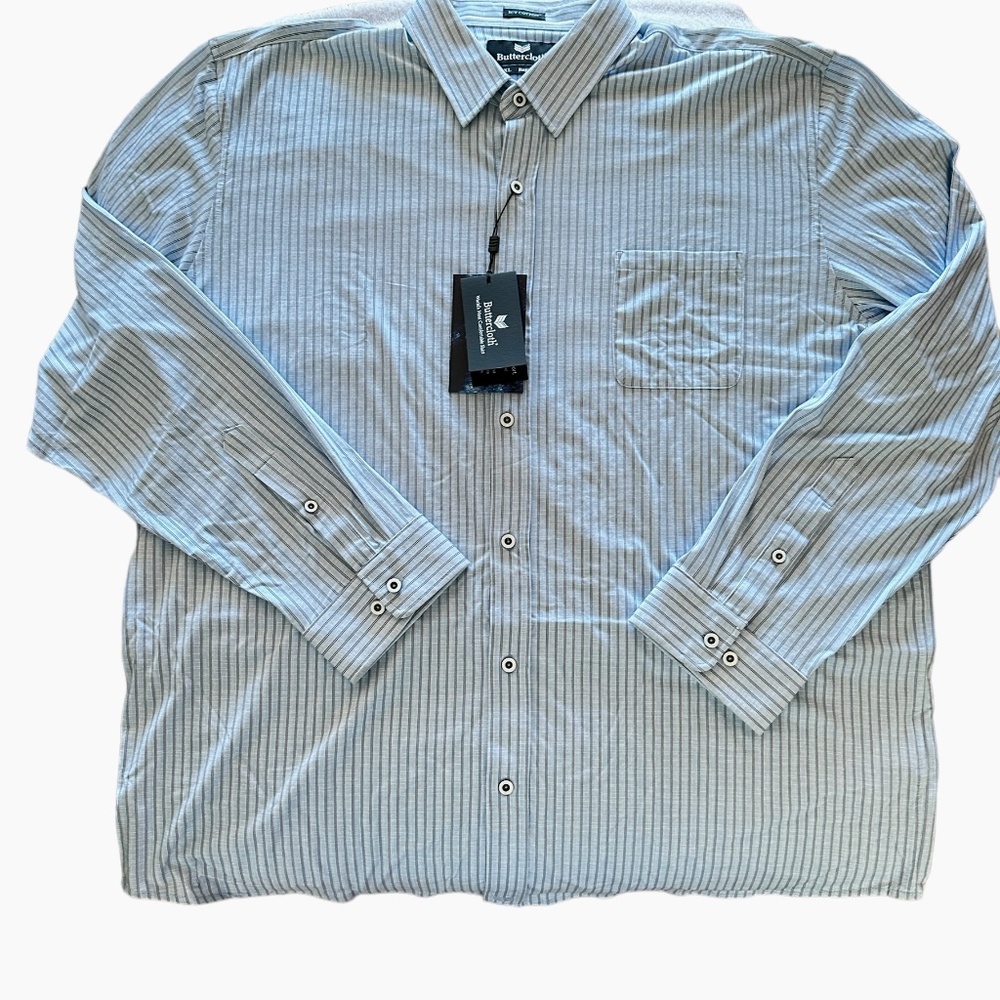 Buttercloth Men's 3XL Blue w/Gray Pinstripes Long Sleeve Shirt NWT - Picture 2 of 6